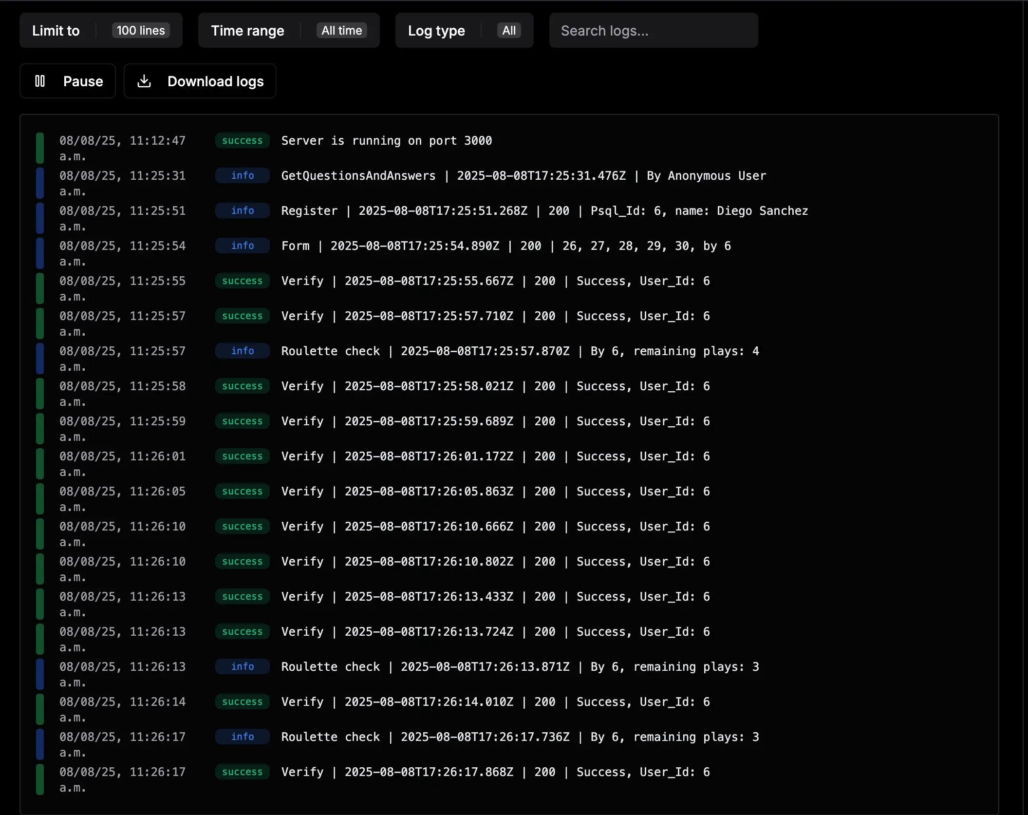 Sample backend server logs showing API activity and user interactions.