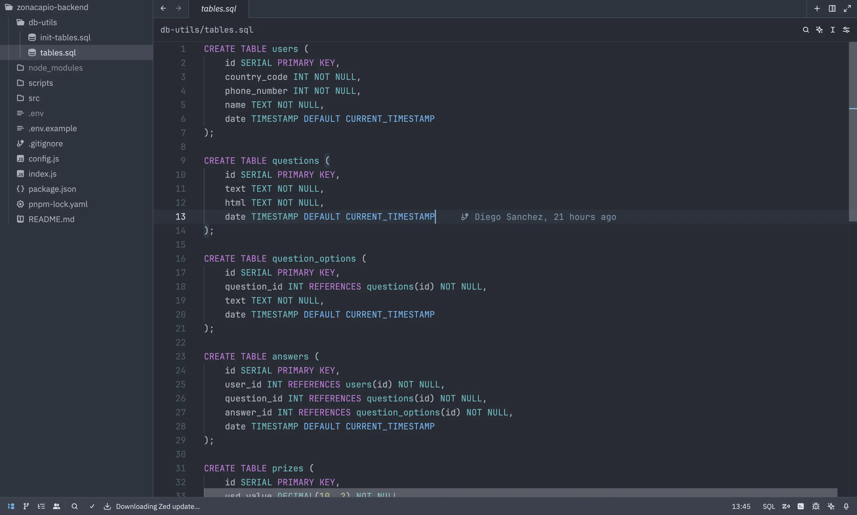 Database initialization is handled with a custom SQL script for PostgreSQL.