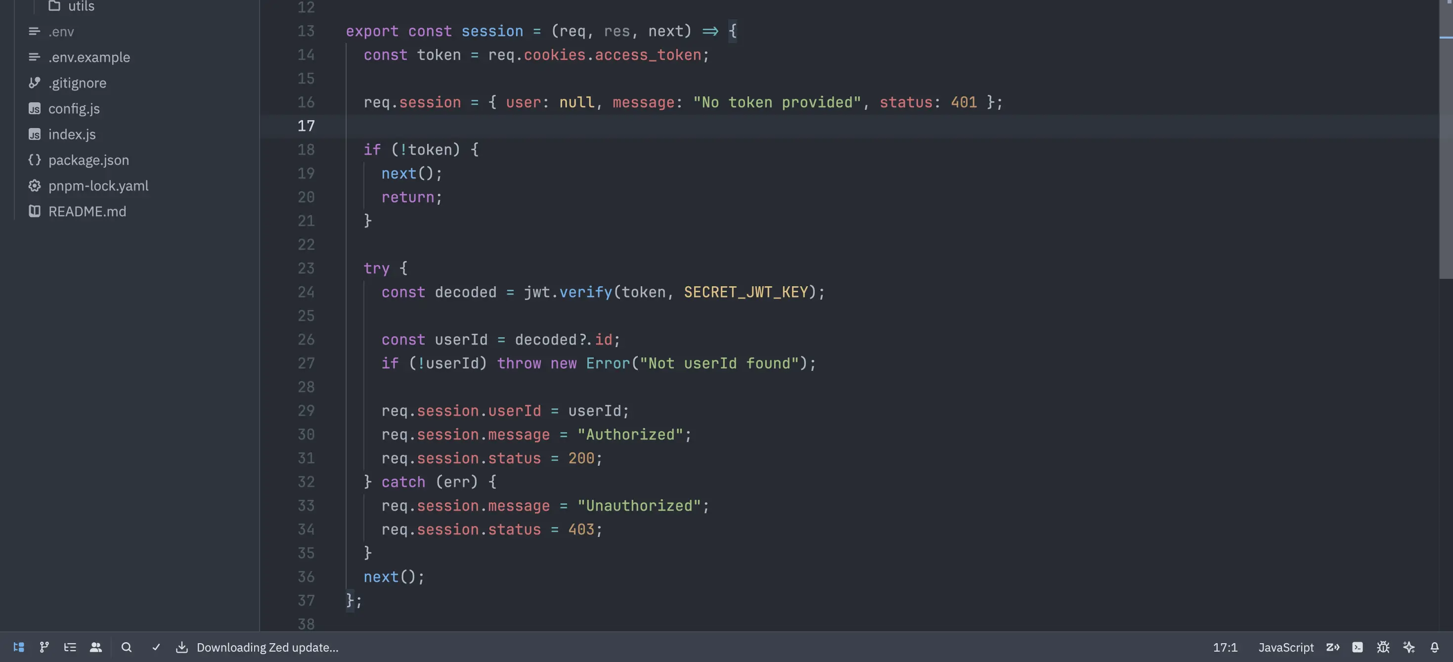 Implemented session middleware to use sessions and authentication.