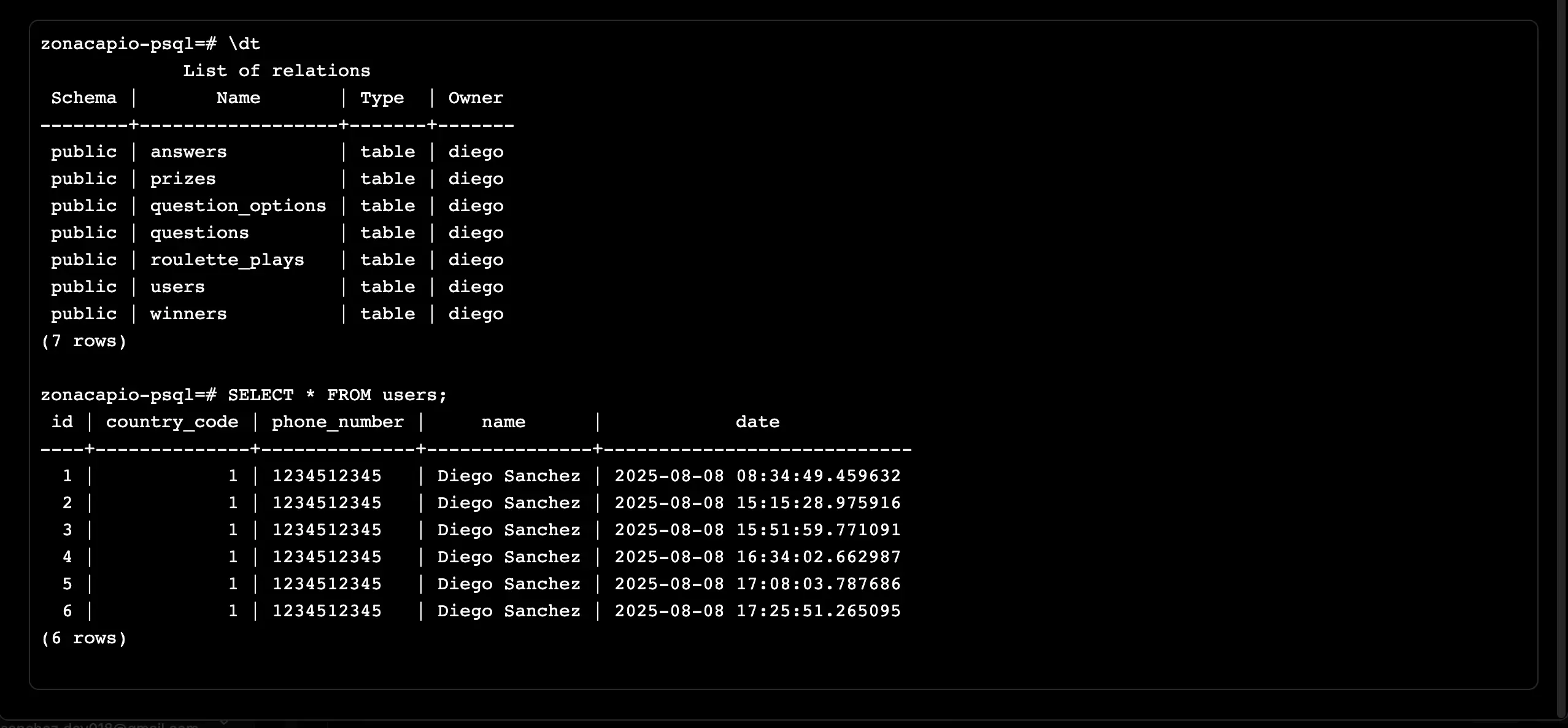Database administration was performed via the PostgreSQL terminal, including table and relationship setup.